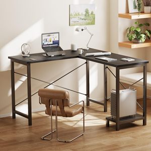 Bureau d'ordinateur en forme de L SENYU, surface en métal noir, bureau d'angle multifonctionnel avec plateau pour clavier et gestion des câbles - Product Image 4