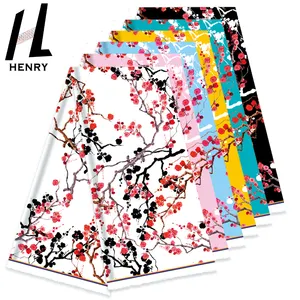 Henry Art Style Design Glossy Red Small Plum Flower Printed Polyester Fabric For Garment Accessories