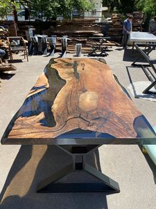 <span class=keywords><strong>Mesa</strong></span> de Comedor de Madera de Nogal Sudamericano con Resina Epoxi Transparente, Diseño Moderno e Innovador <span class=keywords><strong>Pioneer</strong></span> River - Product Image 3