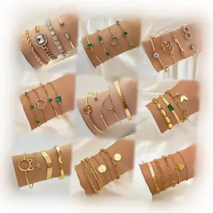 Trendy Geometric Bangle Bracelet Set For Women Gold Color Leaves Heart Arrow Open Cuff Bracelets Jewelry