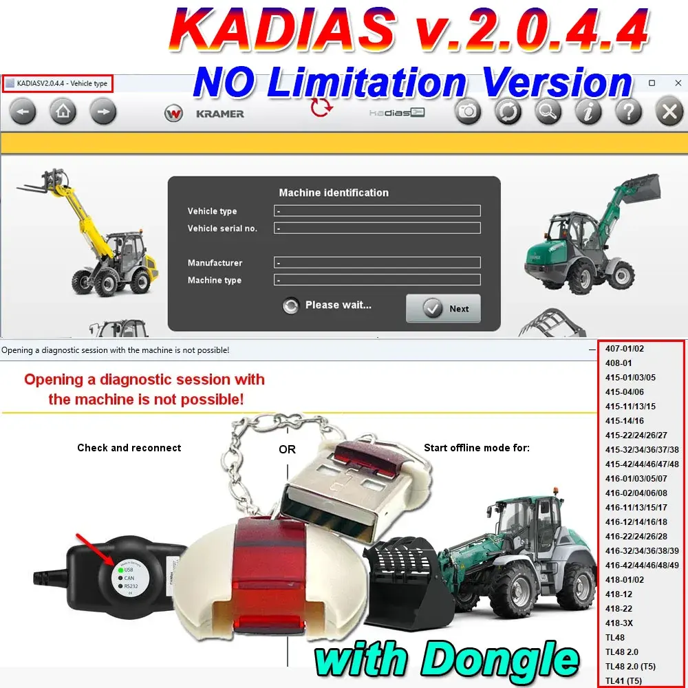 Nouveau KADIAS V.2.0.4.4 Mise à niveau illimitée 5 niveaux pour Kramer Neuson Wacker Weidemann Support CANFox EC2112 IFM USB/outil CAN-RS232