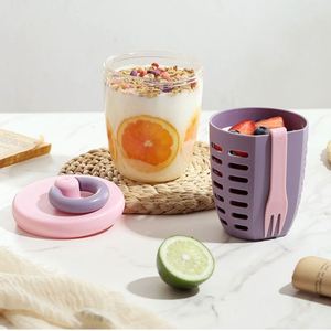 Portable PP Fruit Salad Cup Lid Built-in Fork Leakproof <b>Breakfast</b> Oatmeal Yogurt <b>Container</b> for Office Takeaway Custom Color - Product Image 3