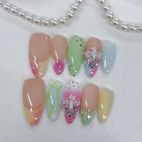 Nouveaux faux ongles 3D sculptés en forme d'amande, faits à la main, prêts à poser, vente en gros, motifs lignes dégradées Jiang et pois.
