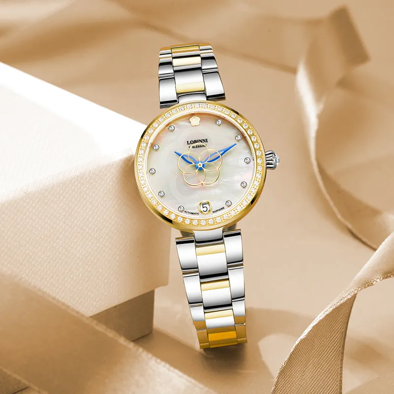 2023 new LOBINNI women's fashion luxury mechanical watch diamond blue pointer small dial automatic mechanical watch