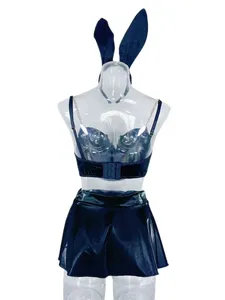 Sexy Role Play Lingerie Set Women Bunny PU Adjustable Metal Chain Crop Top with Elastic Waist Slit Skirt Cosplay <strong>Rave</strong> <strong>Costumes</strong> - Product Image 6