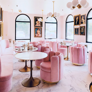 Mesa de Comedor y Sillas de Comedor Modernas de Terciopelo Rosa de Alta Calidad, Personalizadas, con Banco y Asientos de Banquete para Cafetería y Restaurante - Product Image 4