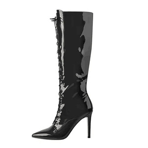 Large Size 46 Lace up Slim <b>Heels</b> Shoes Women Pointed Toe Patent Long Side Zipper Sexy Knee High Leopard Prints Boots - Product Image 4