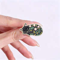 Broche en émail chat noir floral endormi, motif feuille de fleur rose, pour décoration de sac à dos