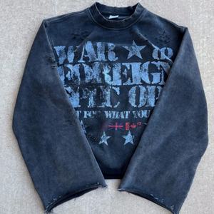 Camiseta Corta de Manga Larga para Hombre, Estilo Urbano, con Estampado Gráfico, Lavado Ácido, Corte Holgado y Desgastado - Product Image 1