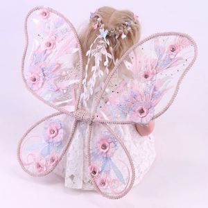 Alas de hadas de flores rosas 2024 gran oferta fiesta de cumpleaños para niños niña flores bordadas rosas alas de mariposa de encaje - Product Image 1