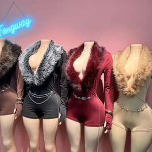 2026 सेक्सी फैशन फर पैचवर्क जंपसूट महिलाओं ठोस रंग गहरे v-गर्दन लंबी आस्तीन एक टुकड़ा रोपर्स - Product Image 4