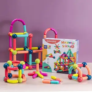 64 pcs磁性球和棒套装建筑棒块鲜艳的颜色不同尺寸弯曲形状儿童益智玩具
