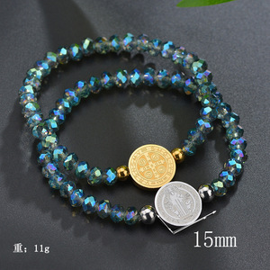 2023 nouveaux Bracelets élastiques perlés colorés faits à la main, Bracelets à breloques ronds en acier inoxydable gravés Double face pour femmes - Product Image 2