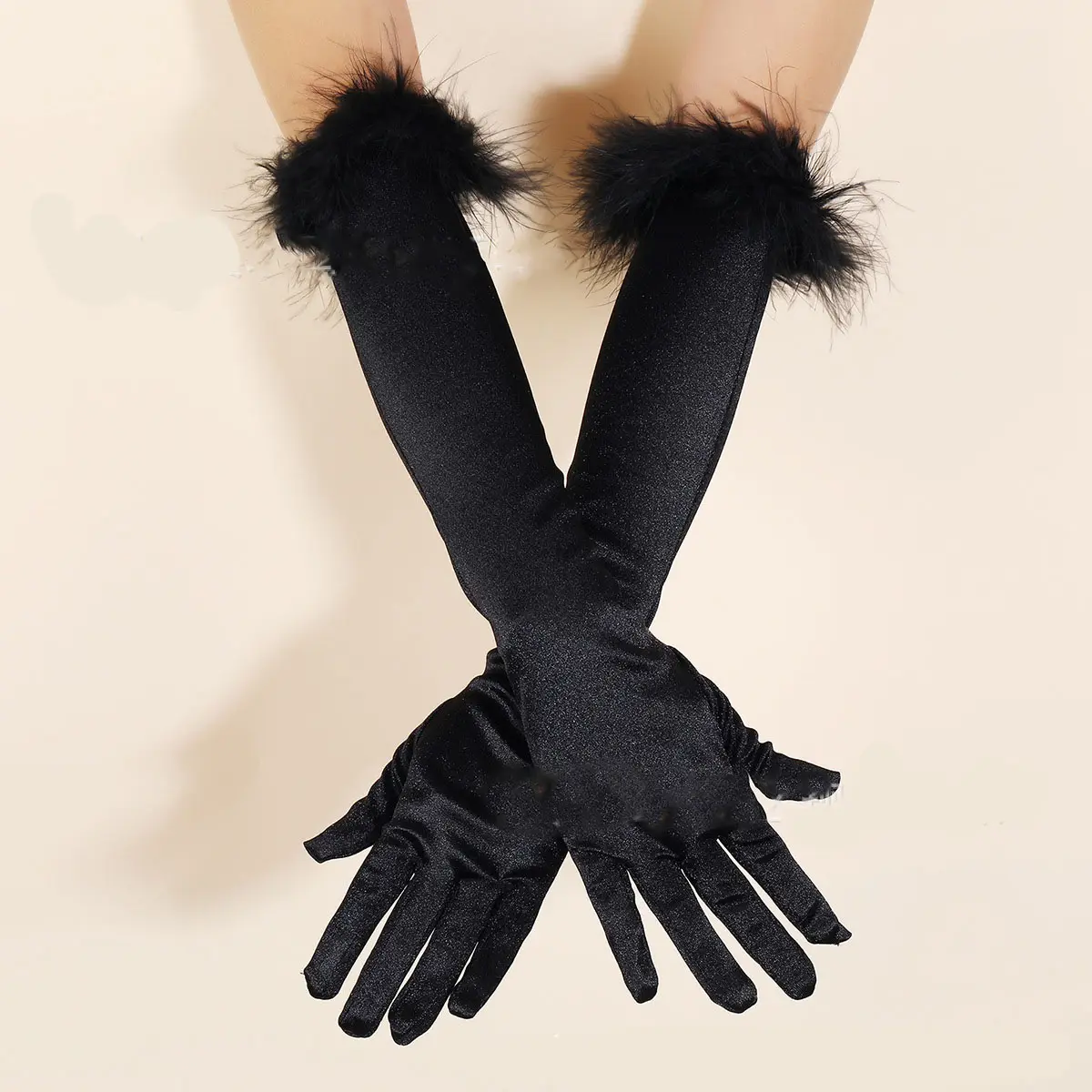Longs gants en satin avec plumes soirée au-dessus du coude Costume opéra mariage fête d'anniversaire Performance spectacle dame