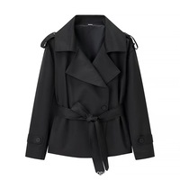 Jaket Trench Pendek Wanita Warna Solid, Berikat Pinggang, Lengan Panjang, Kerah Lipat, Kasual, Serbaguna, Pakaian Luar Sehari-hari