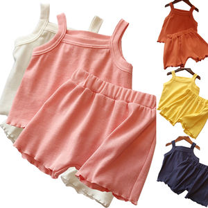 Tenues d'été 2022 pour enfants, ensemble short et débardeur uni sans manches, vêtements de boutique pour filles, ensembles courts pour petites filles - Product Image 1