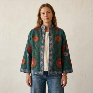 Veste en coton vert sarcelle à motif floral, style kimono, ouverte sur le devant, faite à la main, inspirée des textiles traditionnels d'Asie centrale, d'inspiration ouzbèque. - Product Image 1