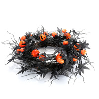 Guirlande de porte d'Halloween en plastique, feuilles d'érable noires artificielles, citrouille, décoration murale pour fête d'Halloween, 50 cm, style américain