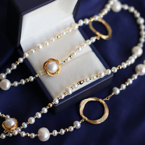 Collares largos de perlas auténticas de agua dulce chapados en oro para mujer, 110 cm - Product Image 3