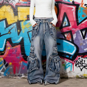 Denim-Baumwoll-Polyester Bootcut Vintage High-Waist <span class=keywords><strong>Jeans</strong></span> mit 3D-Seitentaschen und Bändern, Schwergewicht, Maßanfertigung <span class=keywords><strong>in</strong></span> Schwarz - Product Image 3