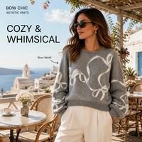 Suéter informal gris acogedor de manga larga para mujer, estilo primaveral, con lazos