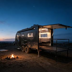 <span class=keywords><strong>Caravane</strong></span> tout-terrain robuste avec double essieu à suspension indépendante, espace garage et système de vie complet - Product Image 1