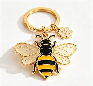 Enamel <b>Bee</b> Keychain Gold Tone Metal Key Ring Yellow Black Flower Charm <b>Gift</b> Accessory - Product Image 1