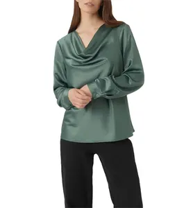 Women's high quality Blouse Casual Long Sleeve Elegant Solid Color Top Ladies Polyester Shirt