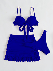 European American Women Three Piece Swimsuit Front Tie Push Up Bikini <b>Skirted</b> Tummy Control Bathing Suit - Product Image 1