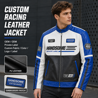 Blouson de moto en cuir PU pour homme, style racing, avec blocs de couleur, col montant, fermeture éclair métallique, patch brodé et poches zippées, vente en gros