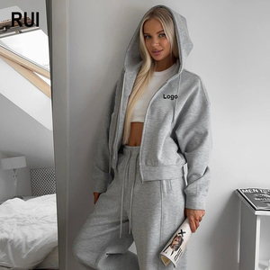 RUIQUWIN, conjunto de entrenamiento de alta calidad OEM de manga larga con cremallera, Top corto, pantalones de chándal y sudadera con capucha, conjunto de chándal para mujer - Product Image 1