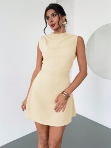 Vestido de satén sin mangas de línea A Digital teñido liso de verano para mujer, estilo informal a la moda, cintura Natural tejida con Logo frontal - Product Image 5