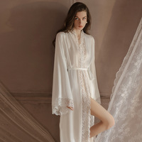 Robe kimono côtelée en satin doux pour femme, col en V profond, dentelle, vêtement de détente et de nuit