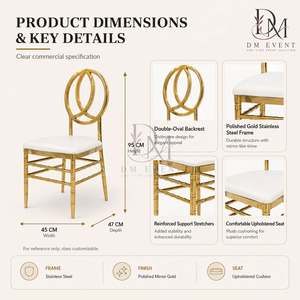 Chaise de mariage en acier inoxydable doré à dossier ovale emboîtable avec coussin blanc pour événements de mariage et banquets - Sièges événementiels - Product Image 4