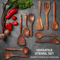 Ensemble d'ustensiles de cuisine en teck de haute qualité et durables, 10 pièces, avec un ensemble d'outils de cuisine lisses