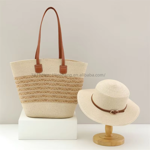 French Flat Straw Bag With Hat Fashion Women's Large Capacity 2 Pieces <b>Tote</b> Bag Seaside Holiday Handbag Shoulder Bag - Product Image 2