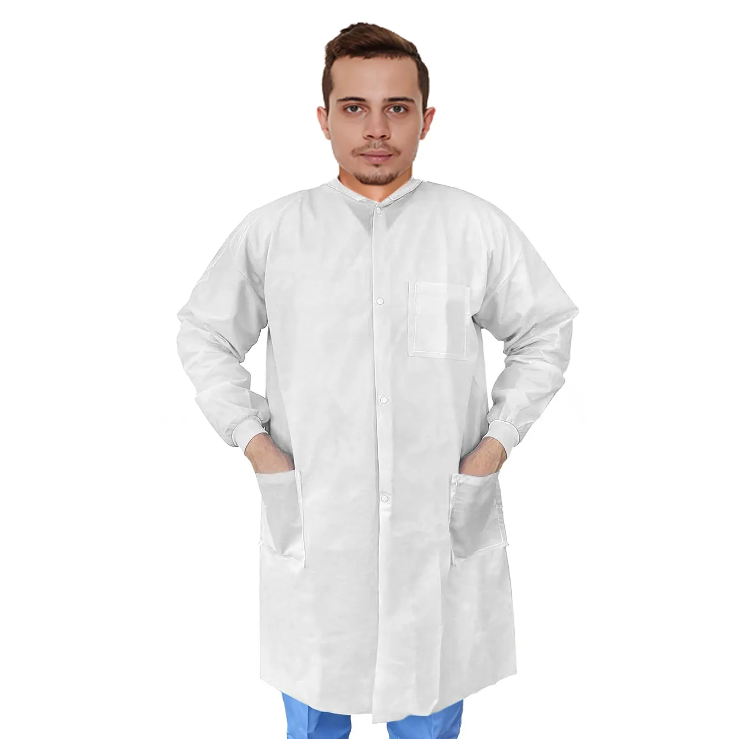 Vestes jetables de laboratoire longueur hanche vestes respirantes et résistant aux fluides sont latex et sans statique