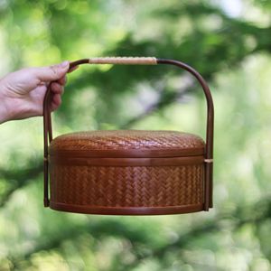 <b>Bamboo</b> Woven Storage Basket Round With Lid Kitchen Food <b>Container</b> 22cm Neatening Storage - Product Image 2