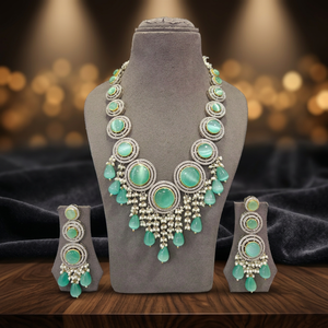 Parure de collier long de luxe en pierre aqua pour femme, idéal pour mariage, fête, collection de bijoux ethniques de créateur, coffret cadeau haut de gamme - Product Image 3