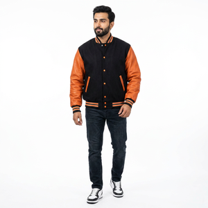 Blouson universitaire décontracté respirant pour l'hiver, en polaire colorée, broderie chenille, patchwork, col montant, logo frontal, 100% coton, unisexe - Product Image 1