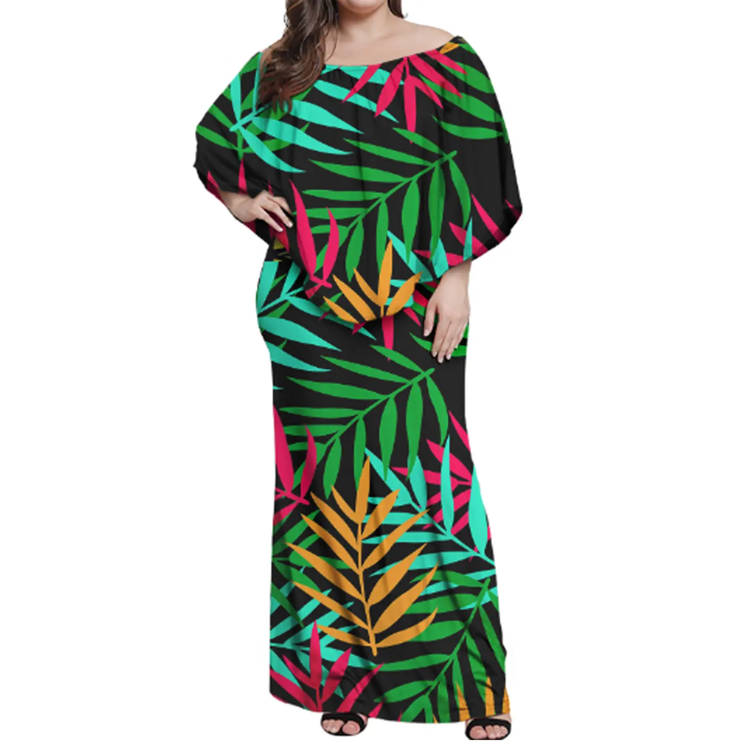 Polynesian Tribal Plumeria Leaf Print Off The Shoulder Ruffle Bodycon Party Maxi Dresses Sundress Summer Women Maxi Dress Ladies