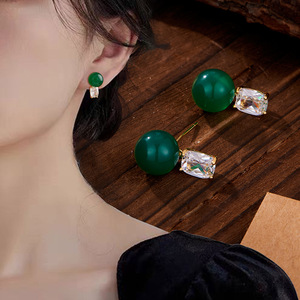 Green Agate Ball Stud Earrings With Crystal Inlay 925 Silver <b>Post</b> Everyday Wear Geometric Design EA10410 - Product Image 1