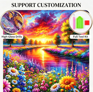 Kit de <span class=keywords><strong>peinture</strong></span> diamantée Songwoo personnalisé : Champ de <span class=keywords><strong>fleurs</strong></span> coloré et rêveur, Coucher de soleil sur la rivière, Paysage vibrant - Product Image 1