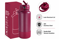 Bouteille d'eau isotherme en acier inoxydable à double paroi avec logo personnalisé, 18 oz et 32 oz, pour voyage, sport et gym, avec couvercle à clapet et paille