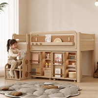 Lit semi-suspendu moderne pour enfants, gain de place, avec rangements intégrés KUKU en chêne, ensemble de chambre adapté aux appartements