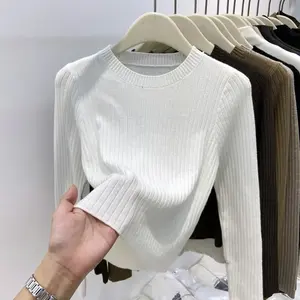 Round neck sweater women's pullover autumn and winter new slim top knitted solid color long-sleeved knitwear for ladies