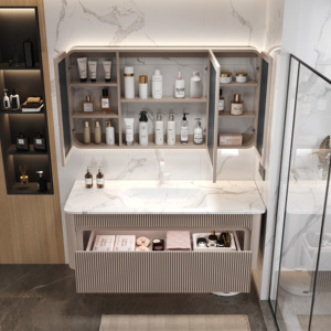 Gabinete de baño gris claro de lujo con espejo inteligente y encimera blanca, mueble suspendido con lavabo. - Product Image 3