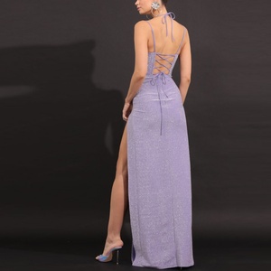 Elegante Vestido Maxi Morado de Noche para Mujer, Sexy con Corsé y Abertura en el Muslo, Tejido de Punto con Silueta Recta y Patrón Entrelazado Natural - Product Image 3