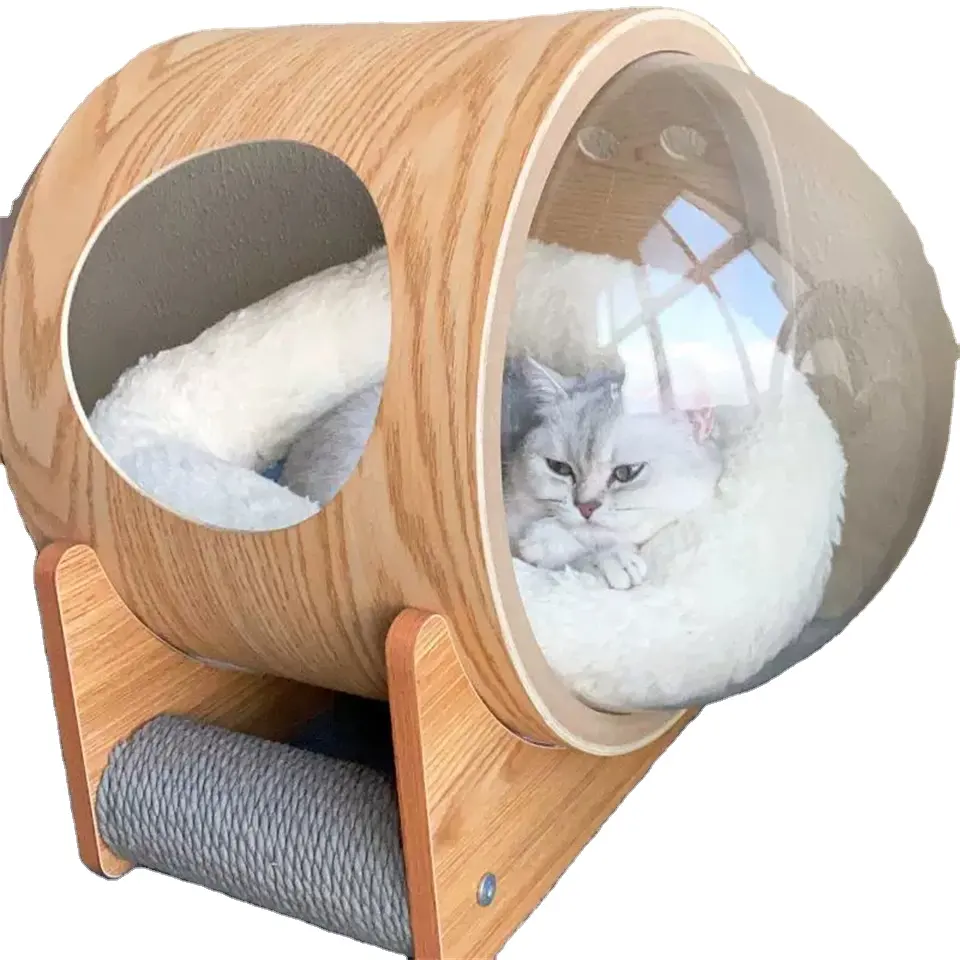 Estante de escalada de madera maciza para gato, cápsula espacial para casa de perro