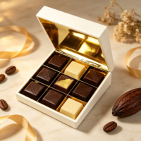Boîte à chocolats personnalisée en bois brillant avec 9 compartiments, fentes en feuille métallique, découpe laser ajourée et couvercle à charnière pour l'emballage de friandises de fêtes musulmanes